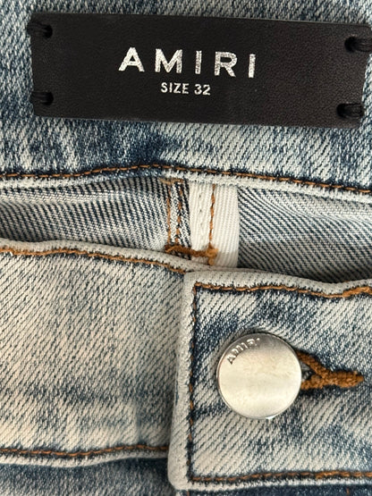 Amiri Stone Indigo Black Leather Patch Thrasher Jeans