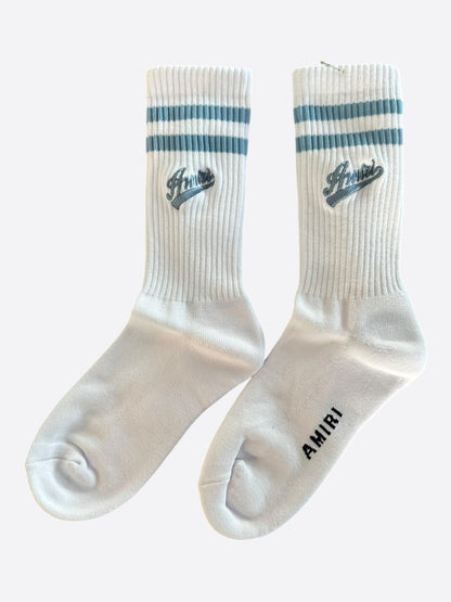 Amiri White & Blue Embroidered Varsity Script Logo Socks
