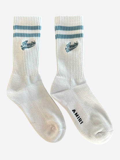Amiri White & Blue Embroidered Varsity Script Logo Socks