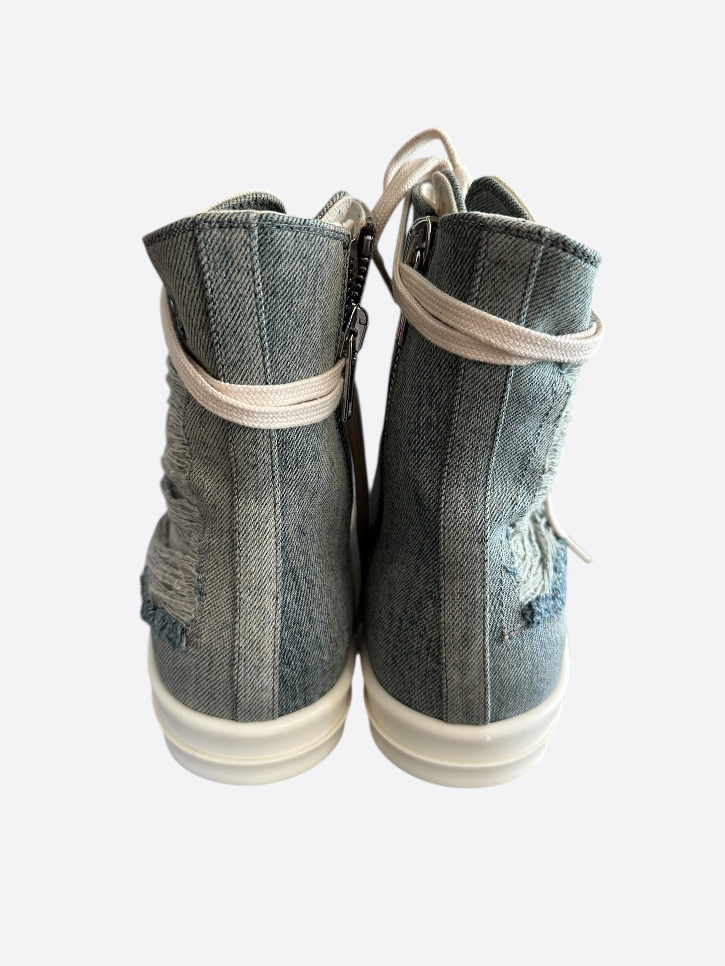 Rick Owens Blue & White Distressed Denim High Top Sneakers