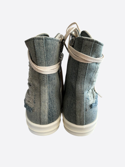 Rick Owens Blue & White Distressed Denim High Top Sneakers