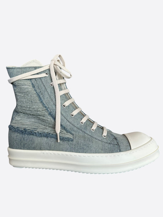 Rick Owens Blue & White Distressed Denim High Top Sneakers