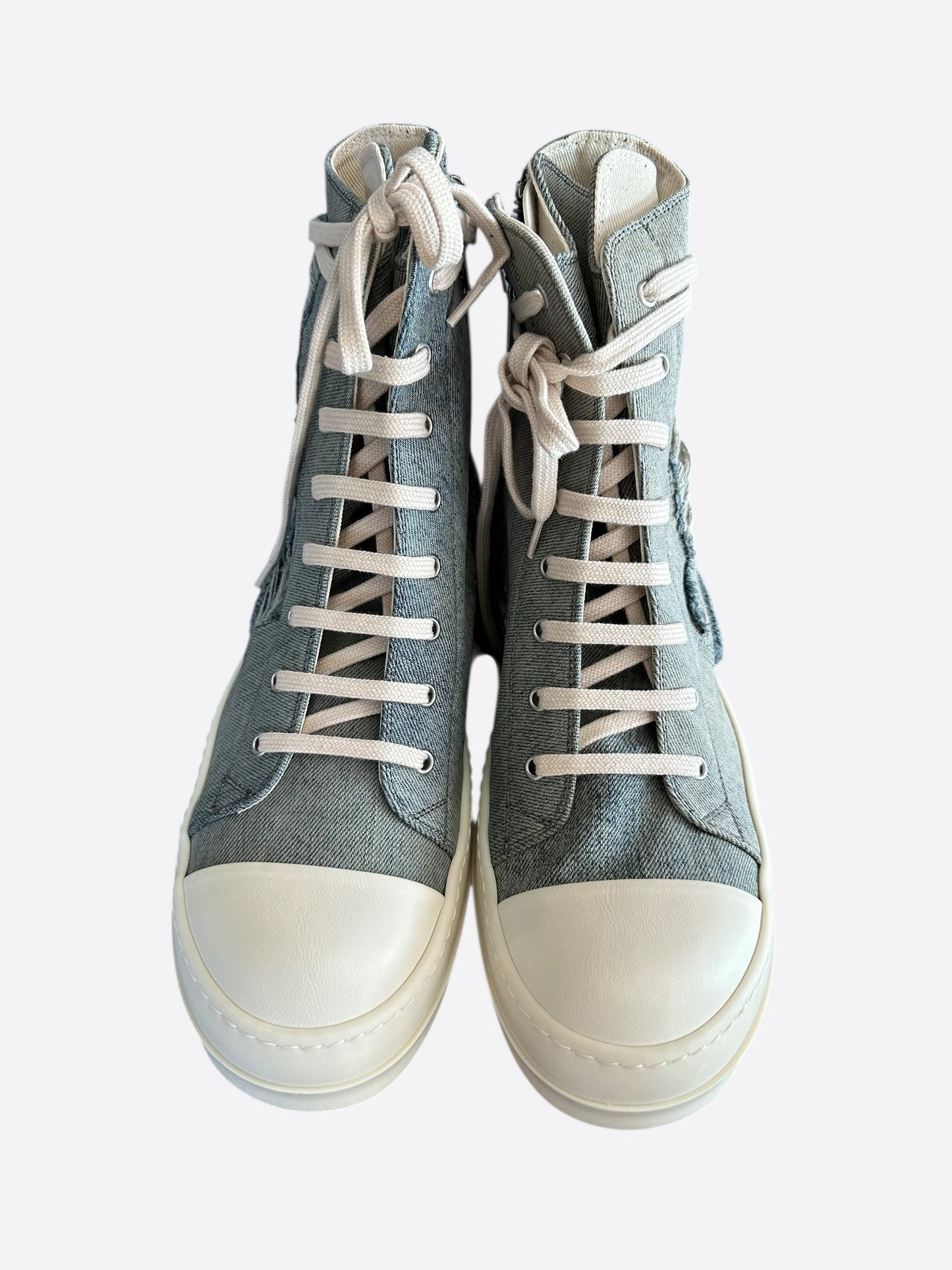 Rick Owens Blue & White Distressed Denim High Top Sneakers