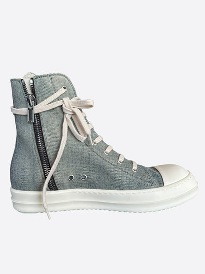 Rick Owens Blue & White Distressed Denim High Top Sneakers