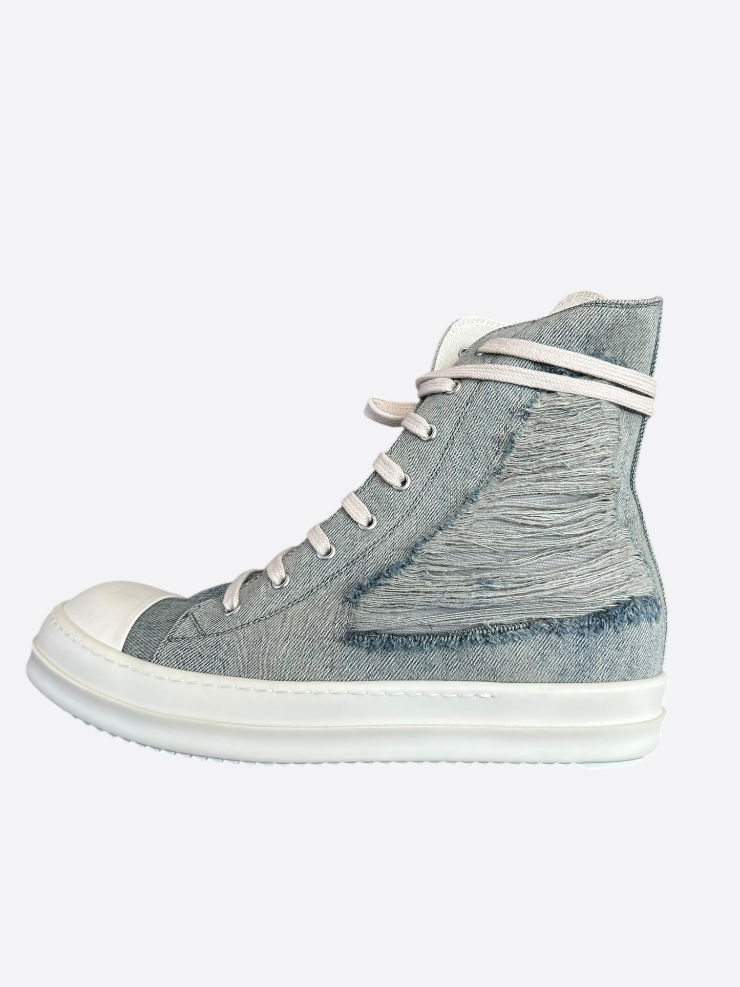 Rick Owens Blue & White Distressed Denim High Top Sneakers
