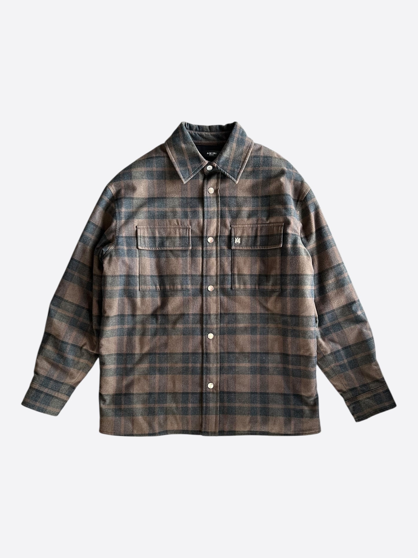Amiri Brown Plaid MA Logo Padded Overshirt