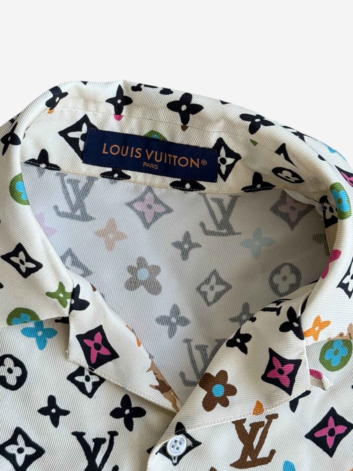 Louis Vuitton Tyler Cream Multicolor Monogram Silk Button Up Shirt