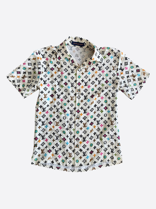 Louis Vuitton Tyler Cream Multicolor Monogram Silk Button Up Shirt
