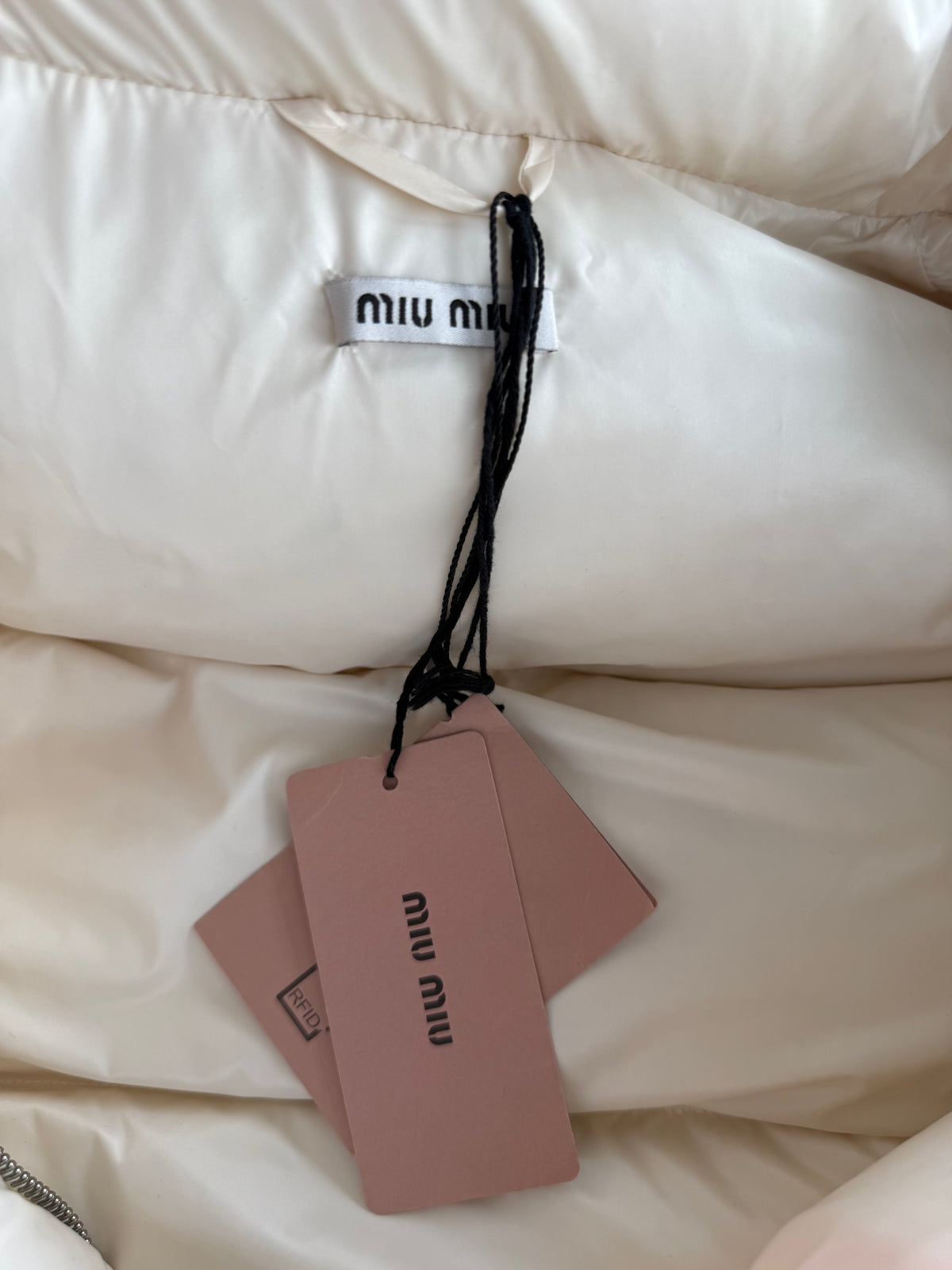 Miu Miu Beige & White Logo Puffer Jacket