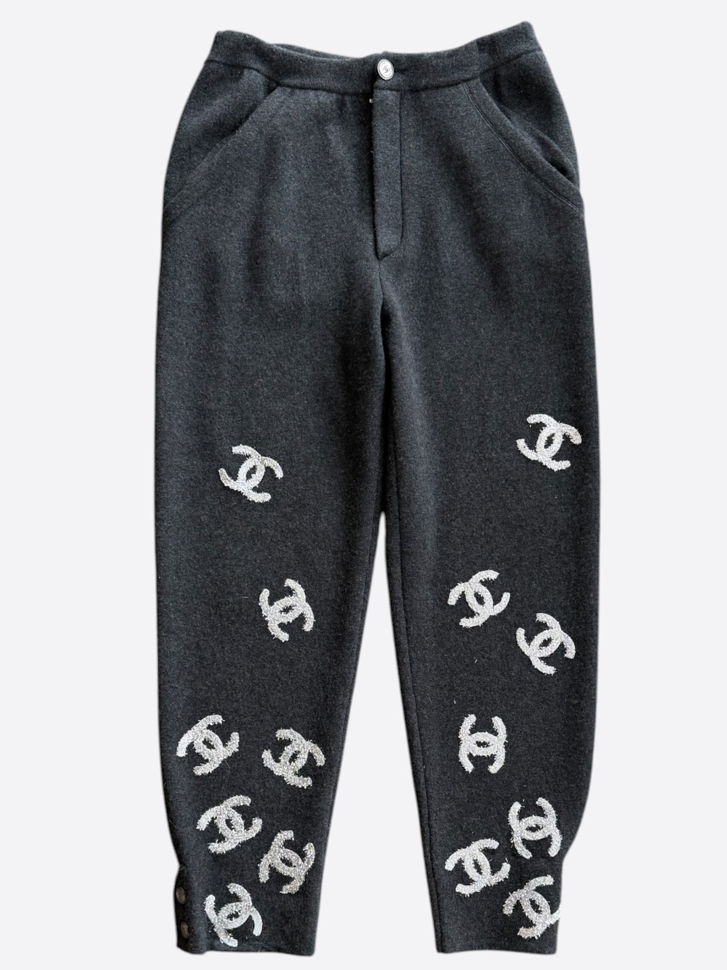Chanel Grey & Silver CC Logo Cashmere Sweatpants