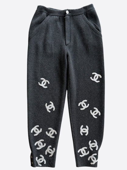 Chanel Grey & Silver CC Logo Cashmere Sweatpants