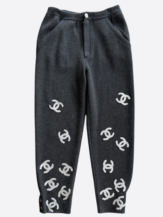 Chanel Grey & Silver CC Logo Cashmere Sweatpants