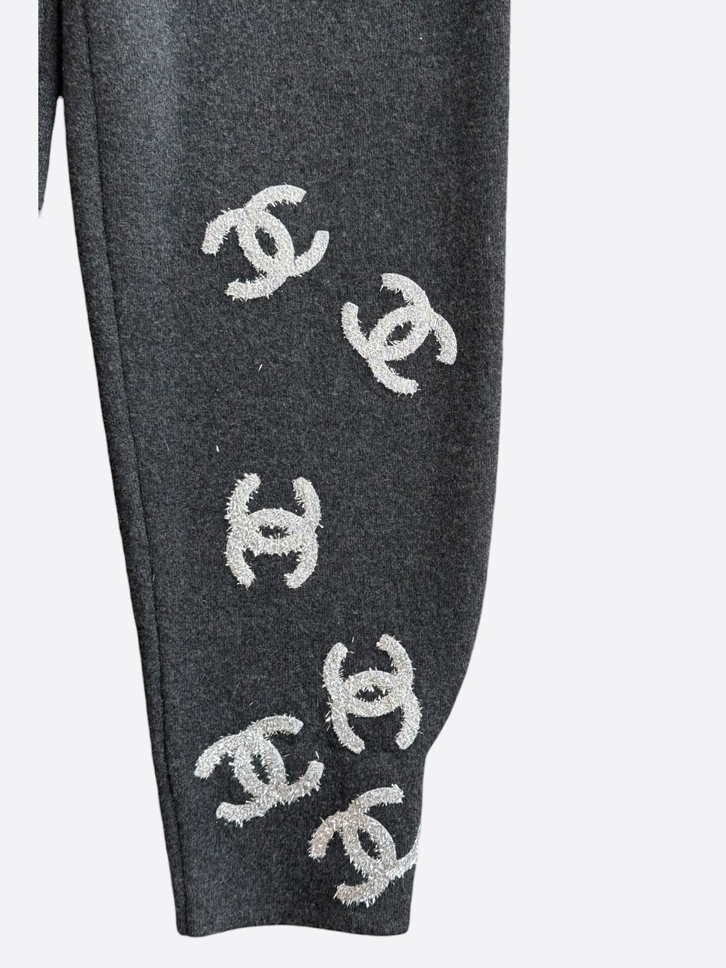 Chanel Grey & Silver CC Logo Cashmere Sweatpants