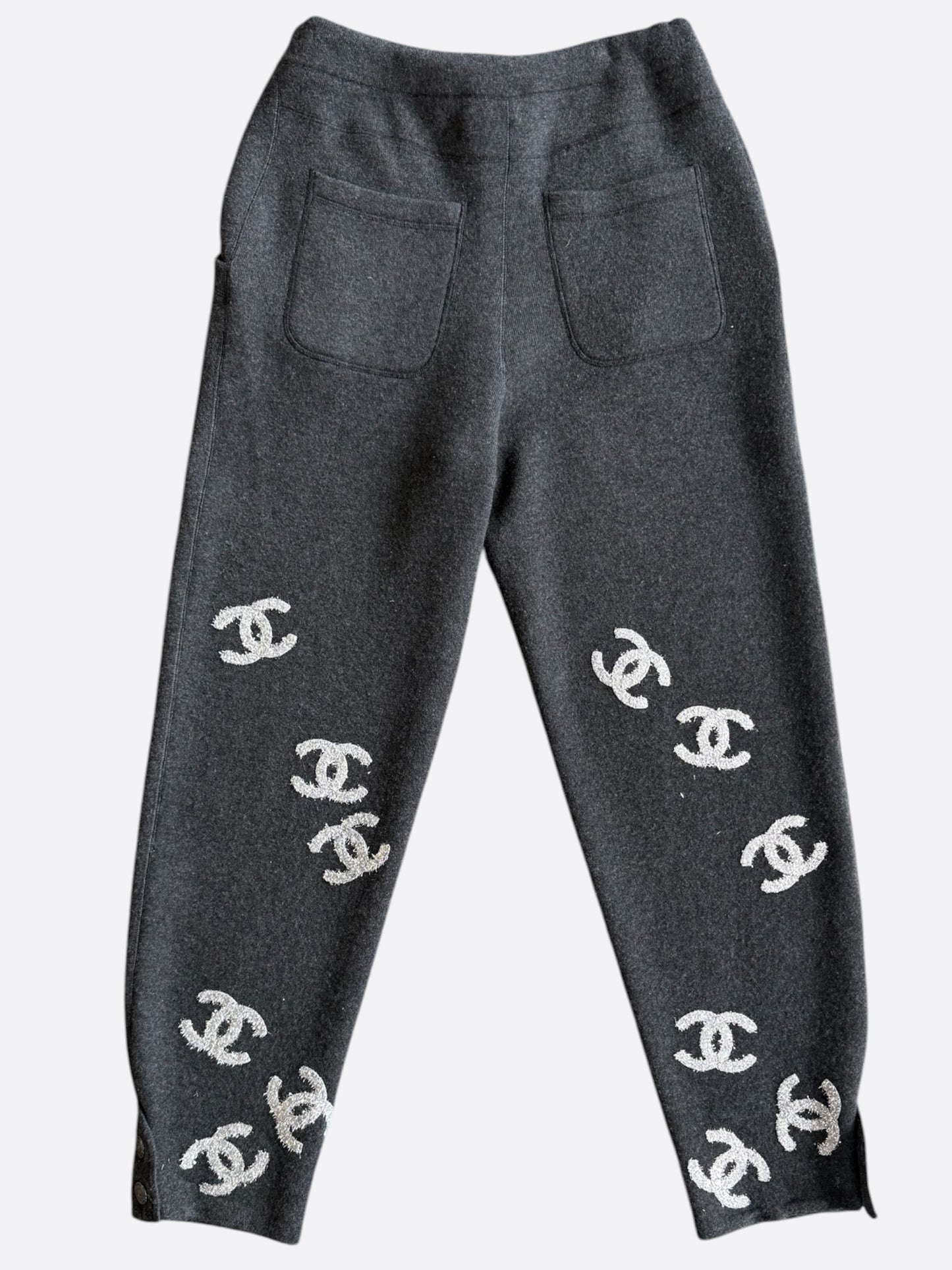 Chanel Grey & Silver CC Logo Cashmere Sweatpants