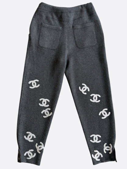 Chanel Grey & Silver CC Logo Cashmere Sweatpants