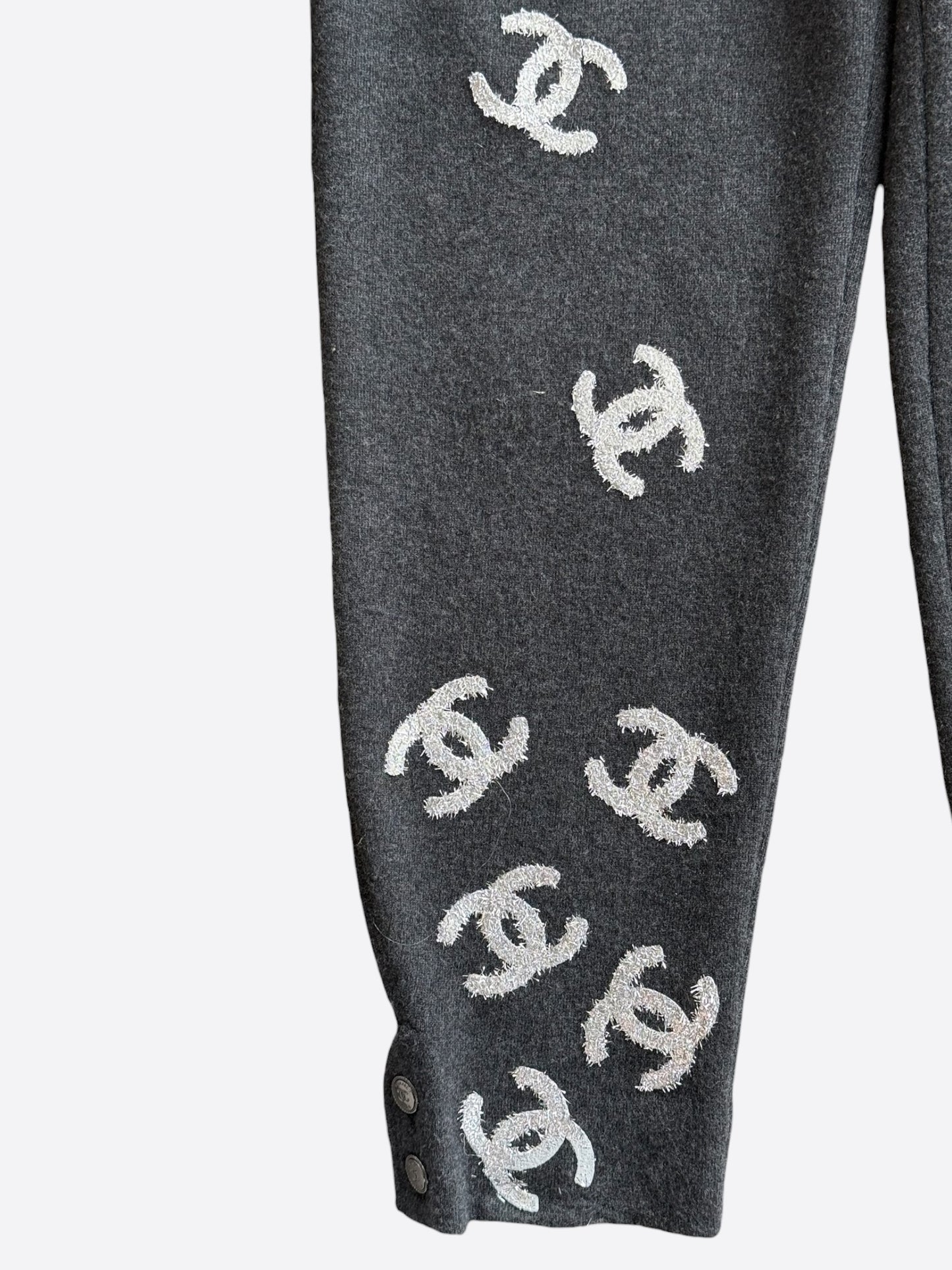 Chanel Grey & Silver CC Logo Cashmere Sweatpants