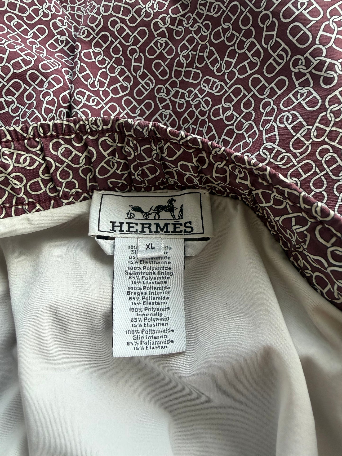 Hermes Burgundy & White Chain Link Patterned Swim Shorts