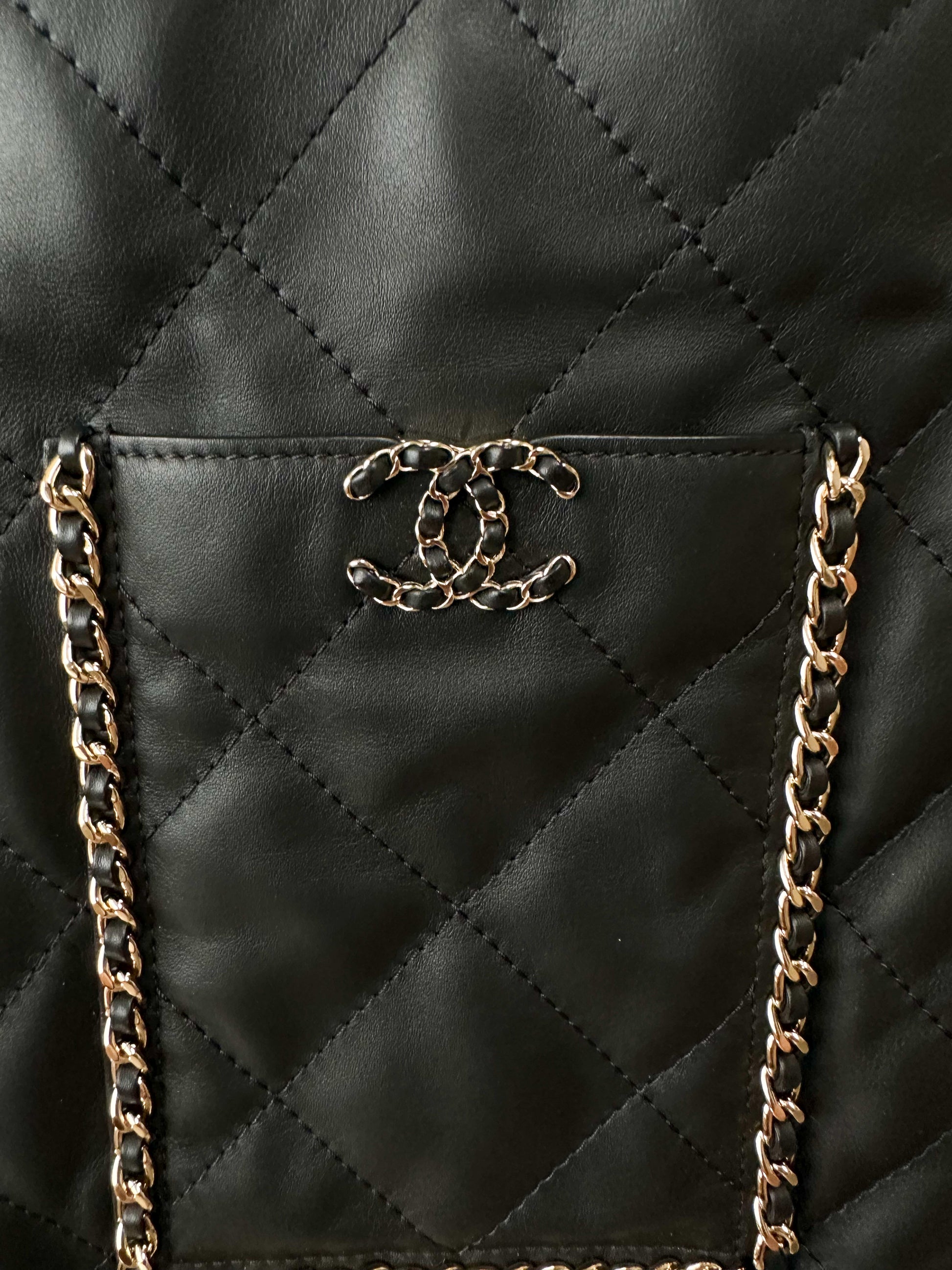 CHANEL Lambskin Square Quilted Chain Fringe Pochette Black 83382