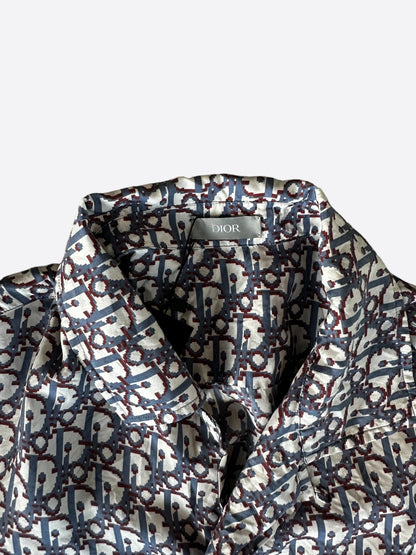 Dior Blue & Red Pixel Oblique Silk Button Up Shirt