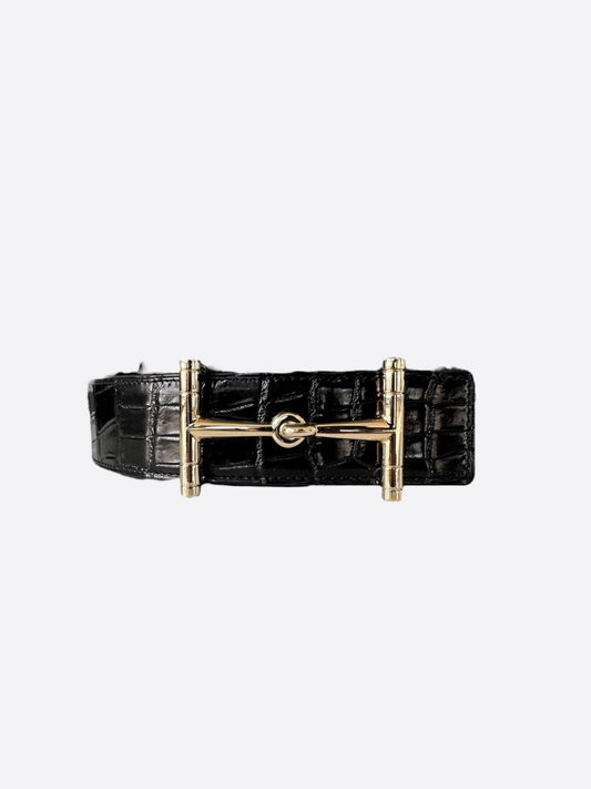 Hermes Black Crocodile H Logo Belt