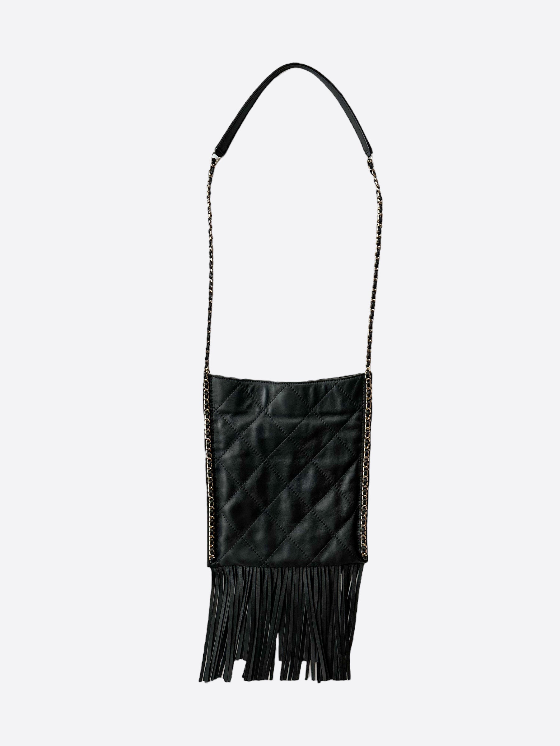 Chanel Quilted Fringe Chain Shoulder Bag Purse Black Lambskin 2446672 68343