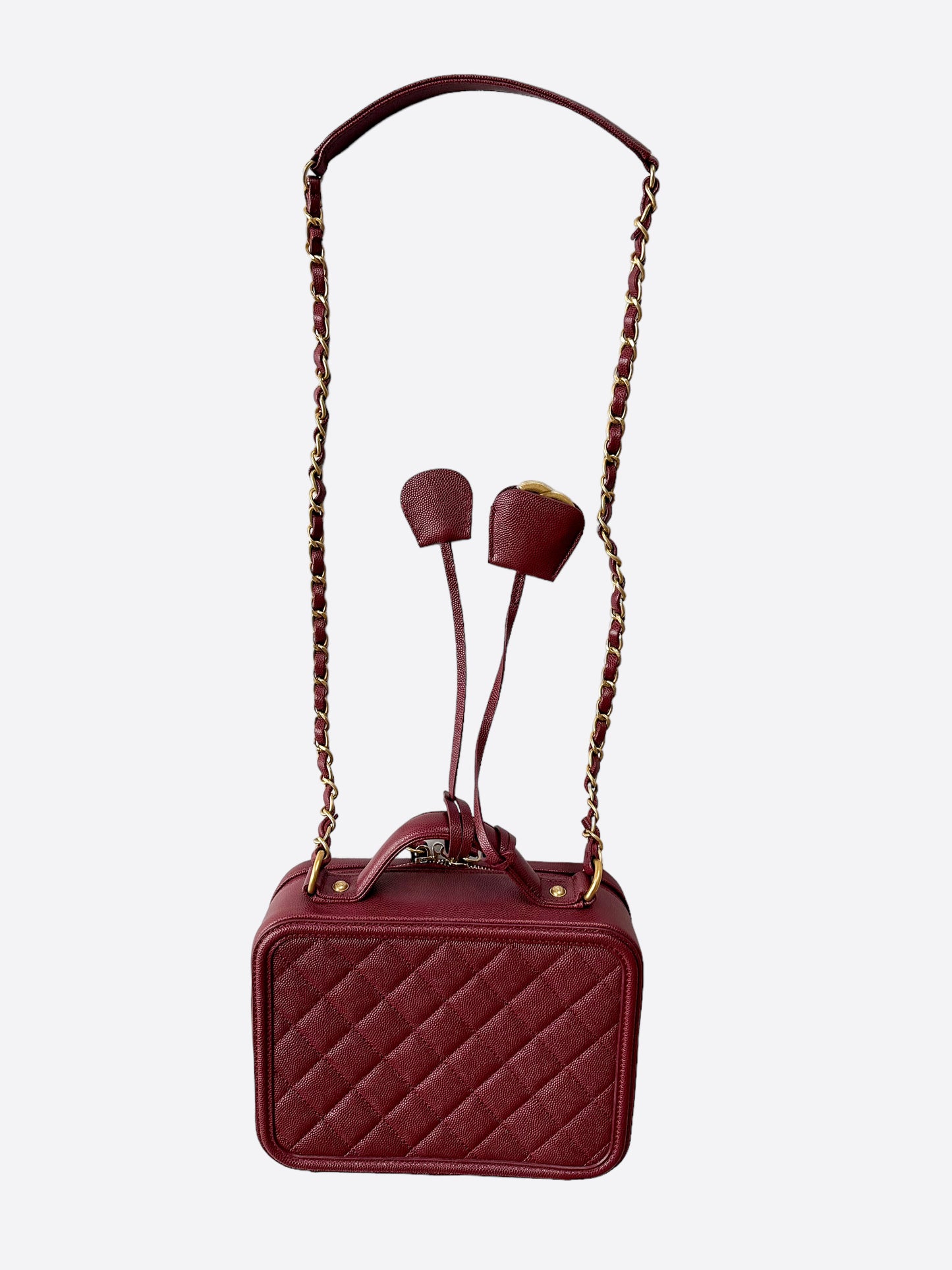 Chanel Red Quilted Caviar Leather Filigree Vanity Case Bag - Yoogi's Closet