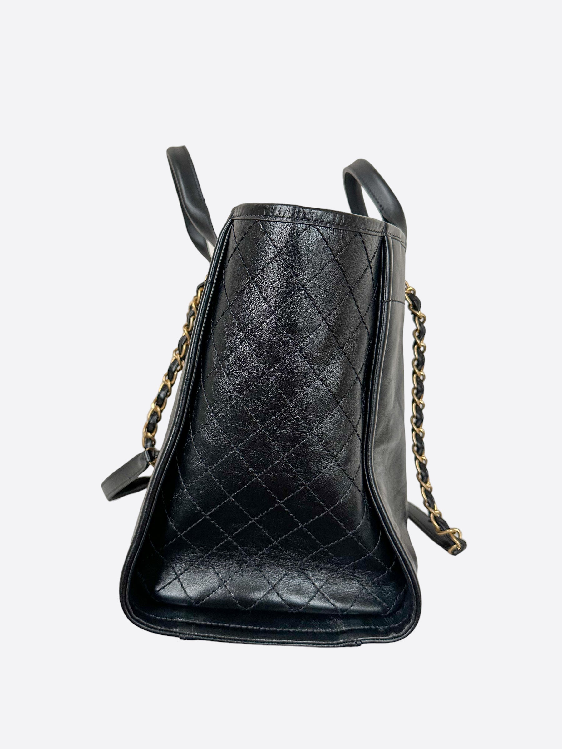 Small shopping bag, Grained calfskin & gold-tone metal, black — Fashion
