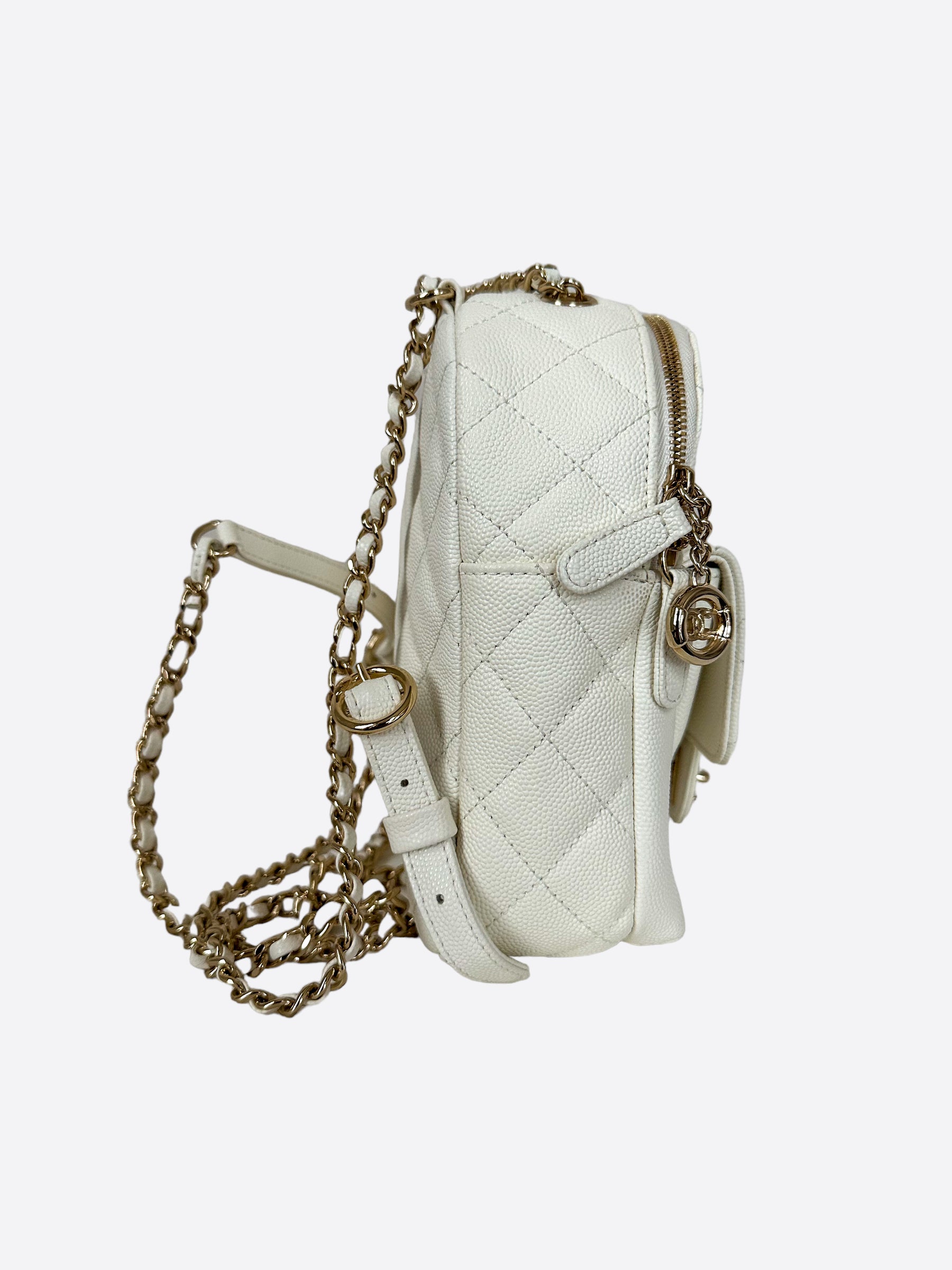 chanel cc day backpack quilted caviar mini Chanel White CC Day Mini Quilted Backpack – Savonches