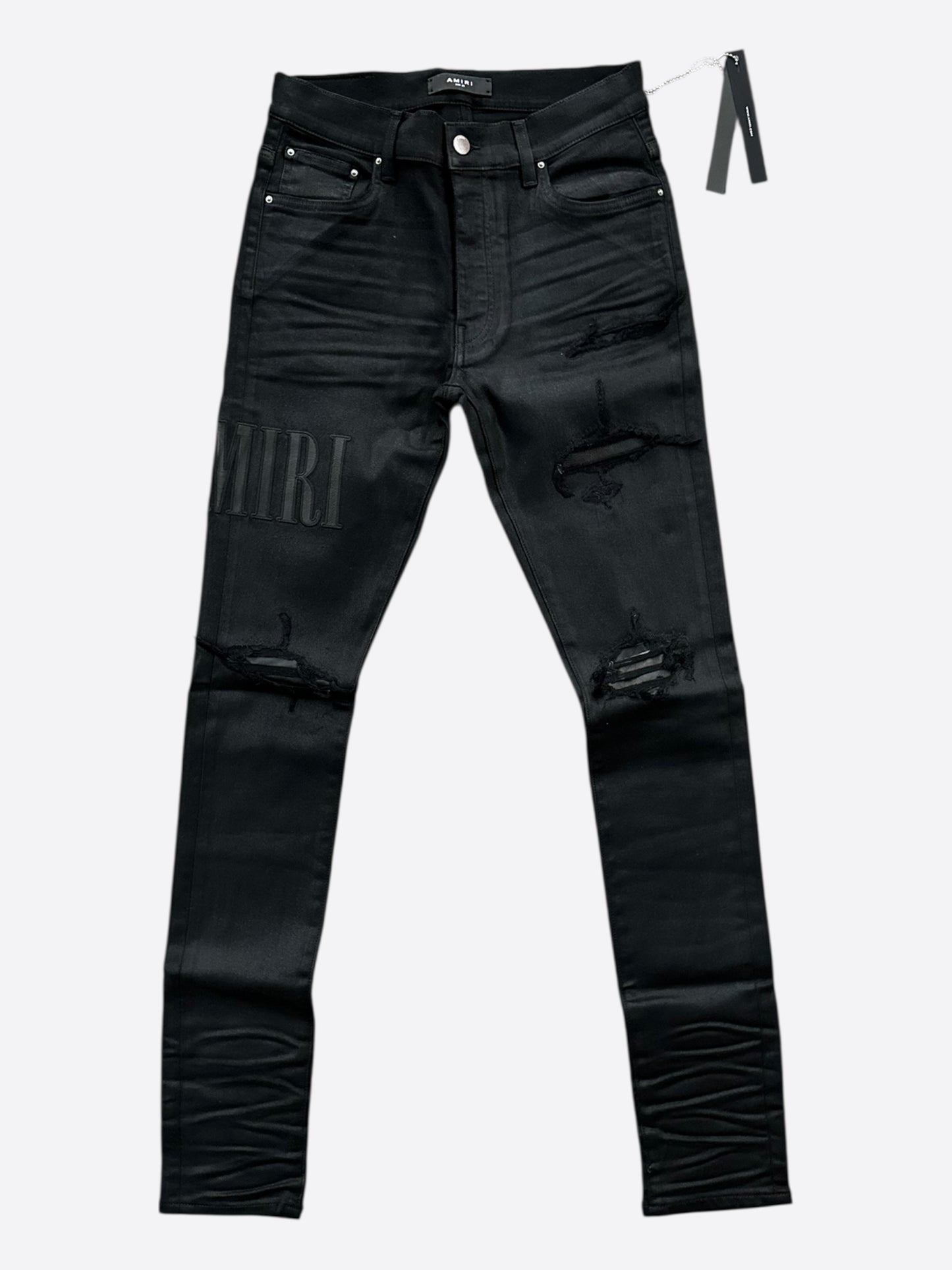 Amiri Black Serif Logo Distressed Jeans