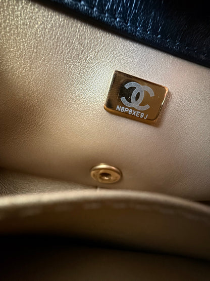 Chanel Black Lambskin Quilted Mini Pearl Logo Flap Bag