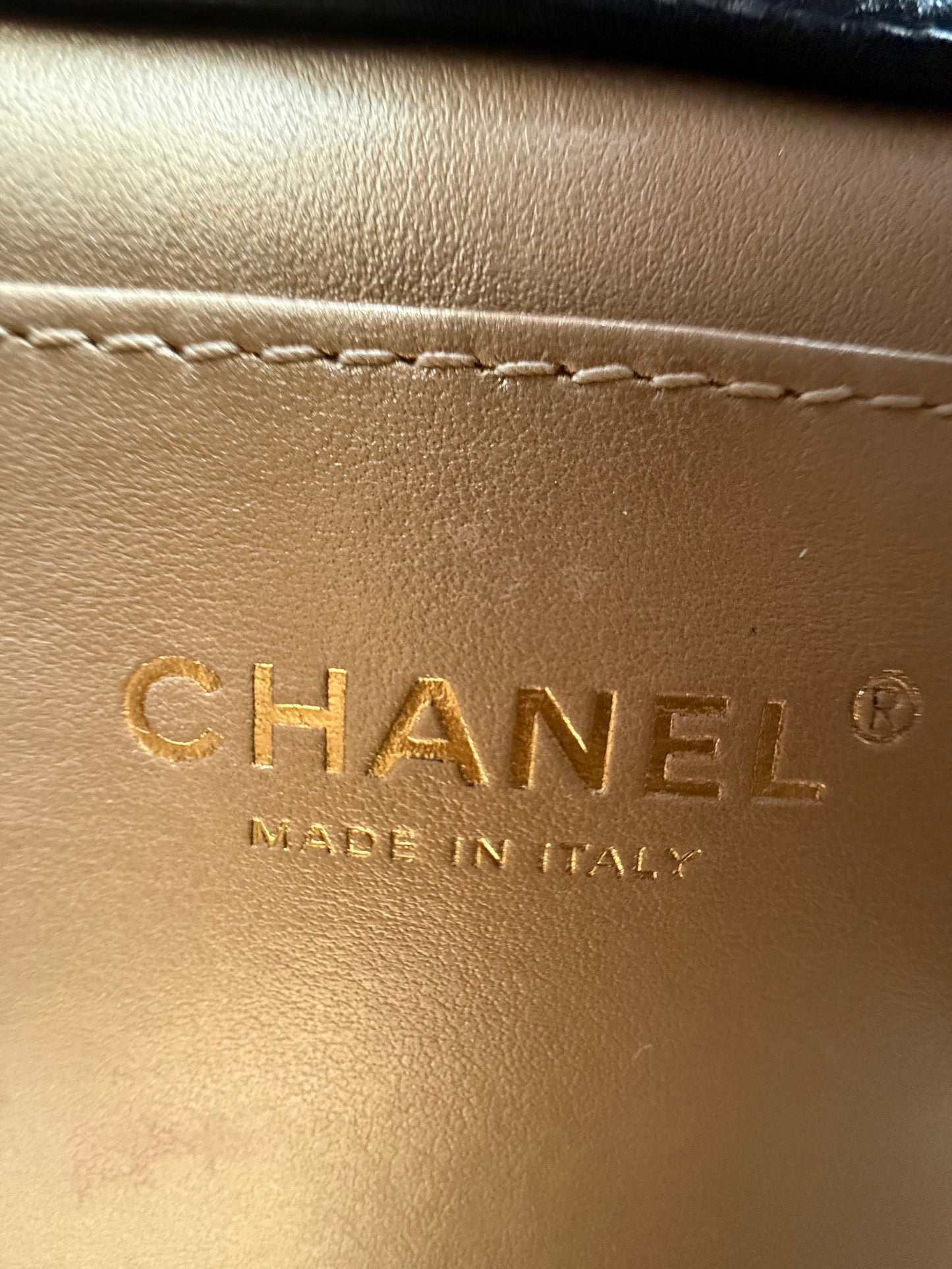 Chanel Black Lambskin Quilted Mini Pearl Logo Flap Bag