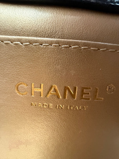 Chanel Black Lambskin Quilted Mini Pearl Logo Flap Bag