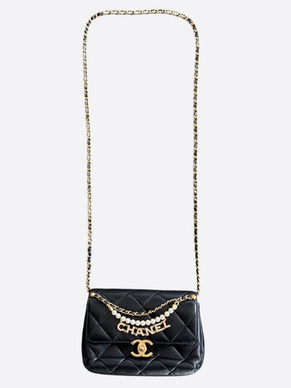 Chanel Black Lambskin Quilted Mini Pearl Logo Flap Bag