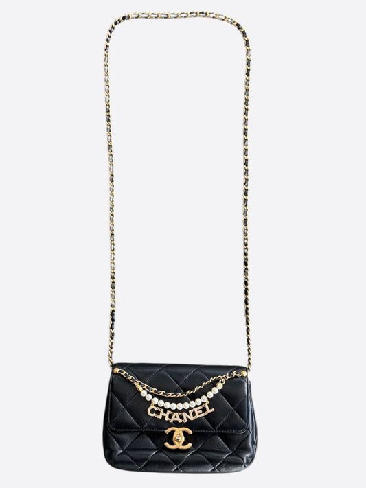 Chanel Black Lambskin Quilted Mini Pearl Logo Flap Bag