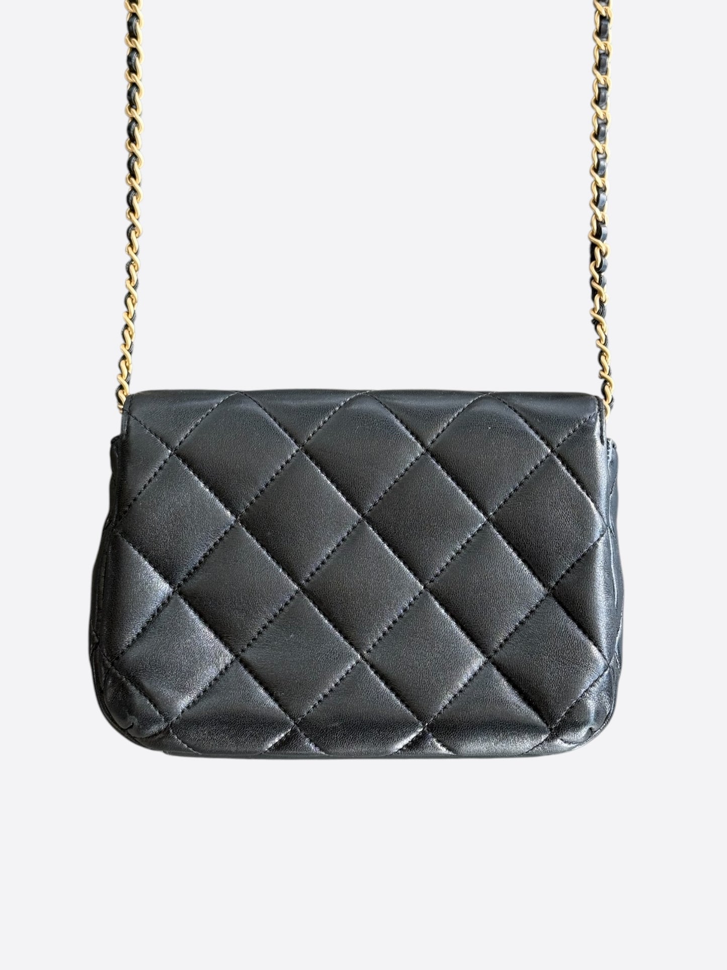 Chanel Black Lambskin Quilted Mini Pearl Logo Flap Bag