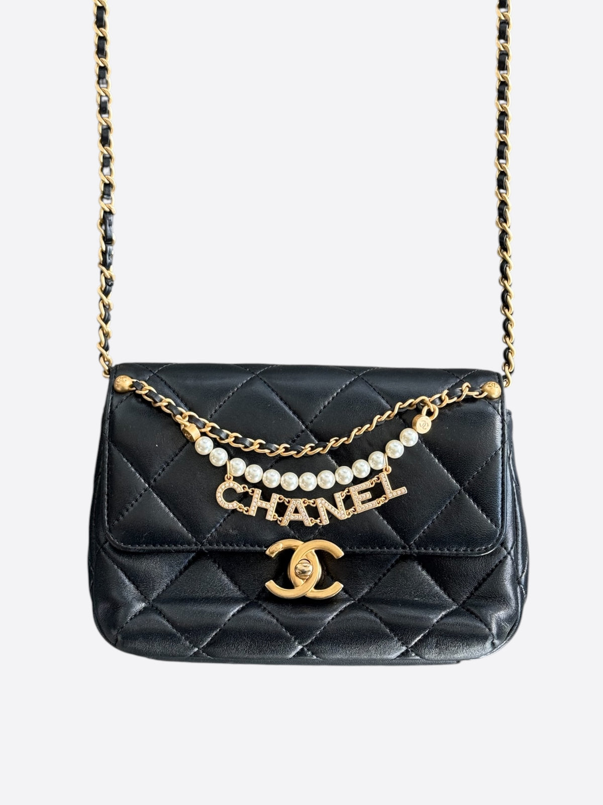 Chanel Black Lambskin Quilted Mini Pearl Logo Flap Bag