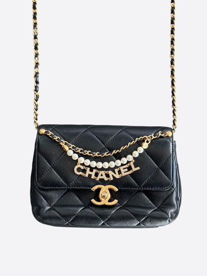 Chanel Black Lambskin Quilted Mini Pearl Logo Flap Bag