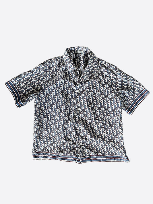 Dior Blue & Red Pixel Oblique Silk Button Up Shirt