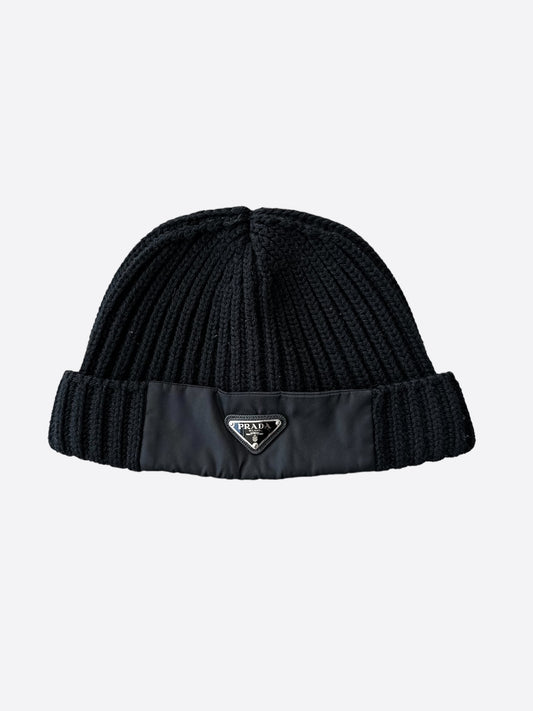 Prada Black Wool & Nylon Logo Beanie