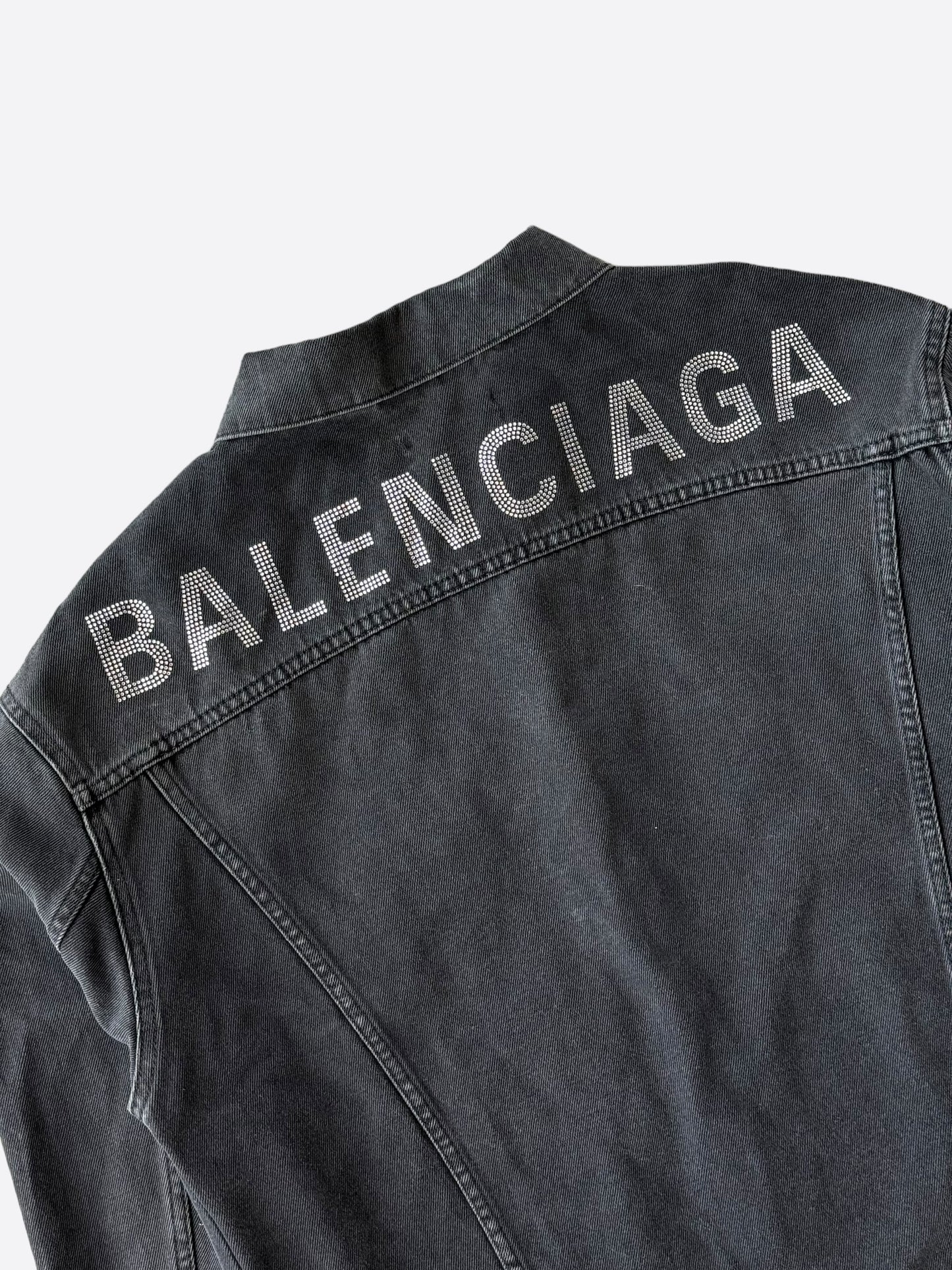 Balenciaga Grey Rhinestone Logo Denim Jacket