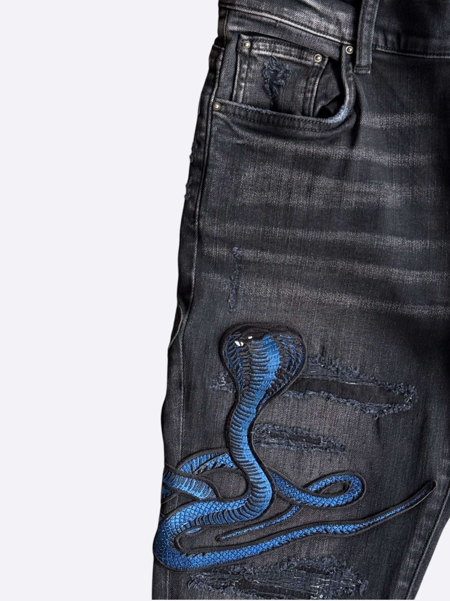 Amiri Aged Black & Blue Snake Thrasher Jeans