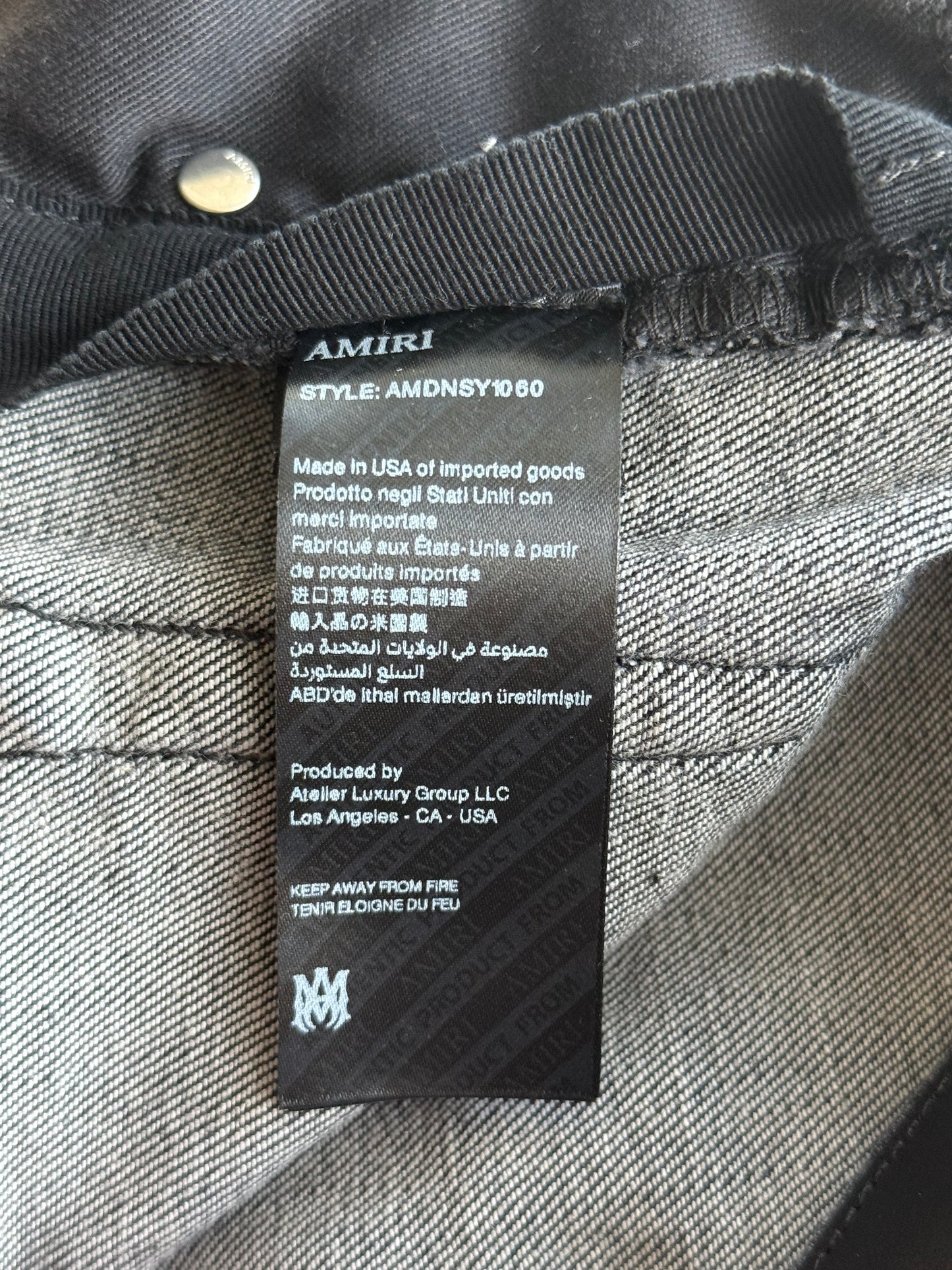 Amiri Rain Grey Staggered Logo Distressed Skinny Jeans