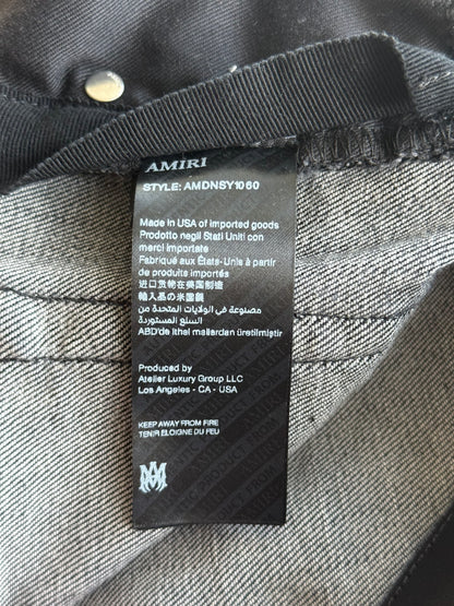 Amiri Rain Grey Staggered Logo Distressed Skinny Jeans