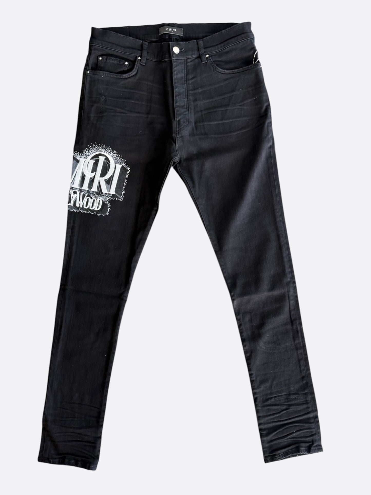 Amiri Black Crystal Hollywood Logo Skinny Jeans