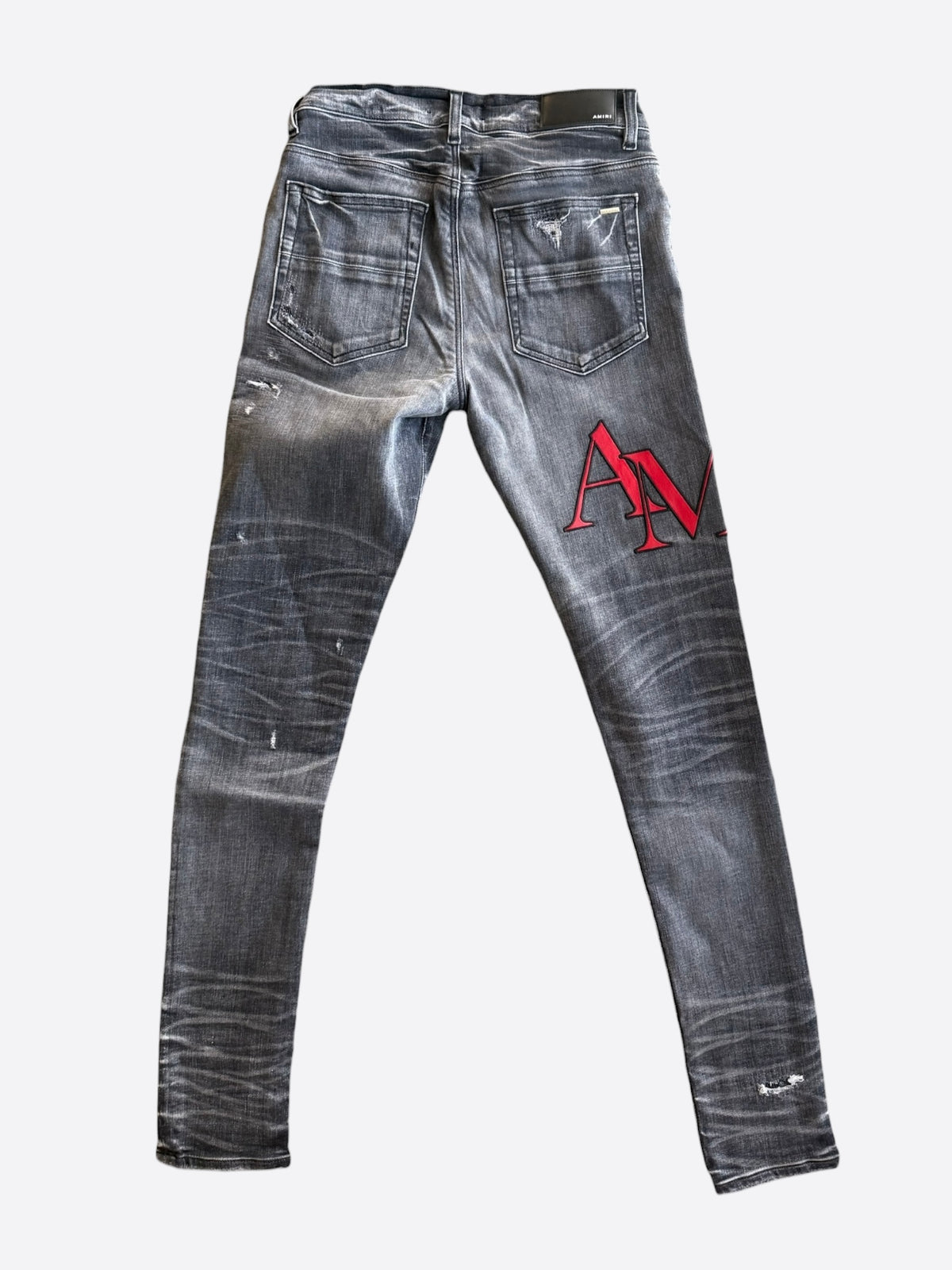 Amiri Rain Grey Staggered Logo Distressed Skinny Jeans