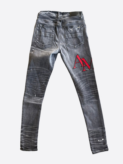 Amiri Rain Grey Staggered Logo Distressed Skinny Jeans