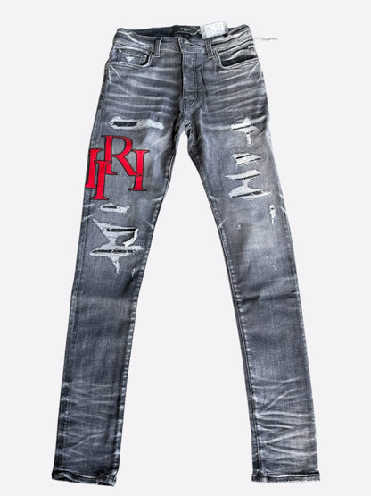 Amiri Rain Grey Staggered Logo Distressed Skinny Jeans