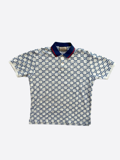Gucci White & Blue GG Monogram Polo T-Shirt