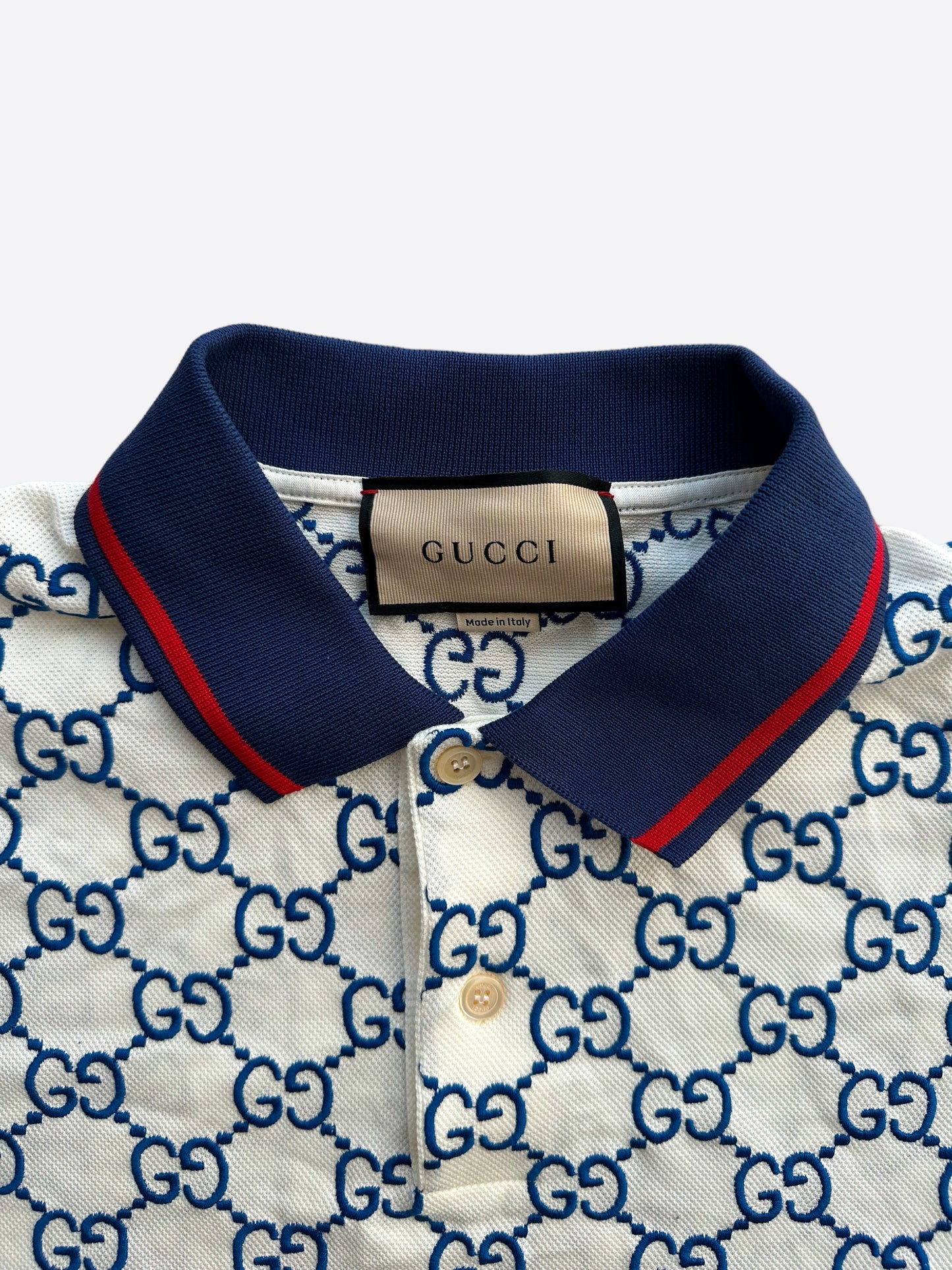 Gucci Navy Blue and White Monogram Jacquard Knit Polo T-Shirt L Gucci