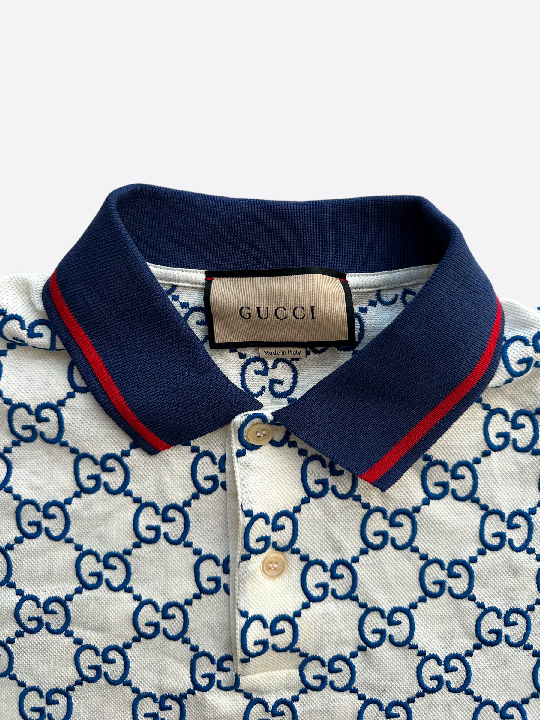Gucci Monogram With White And Red Stripes Blue Polo Shirt - Tagotee